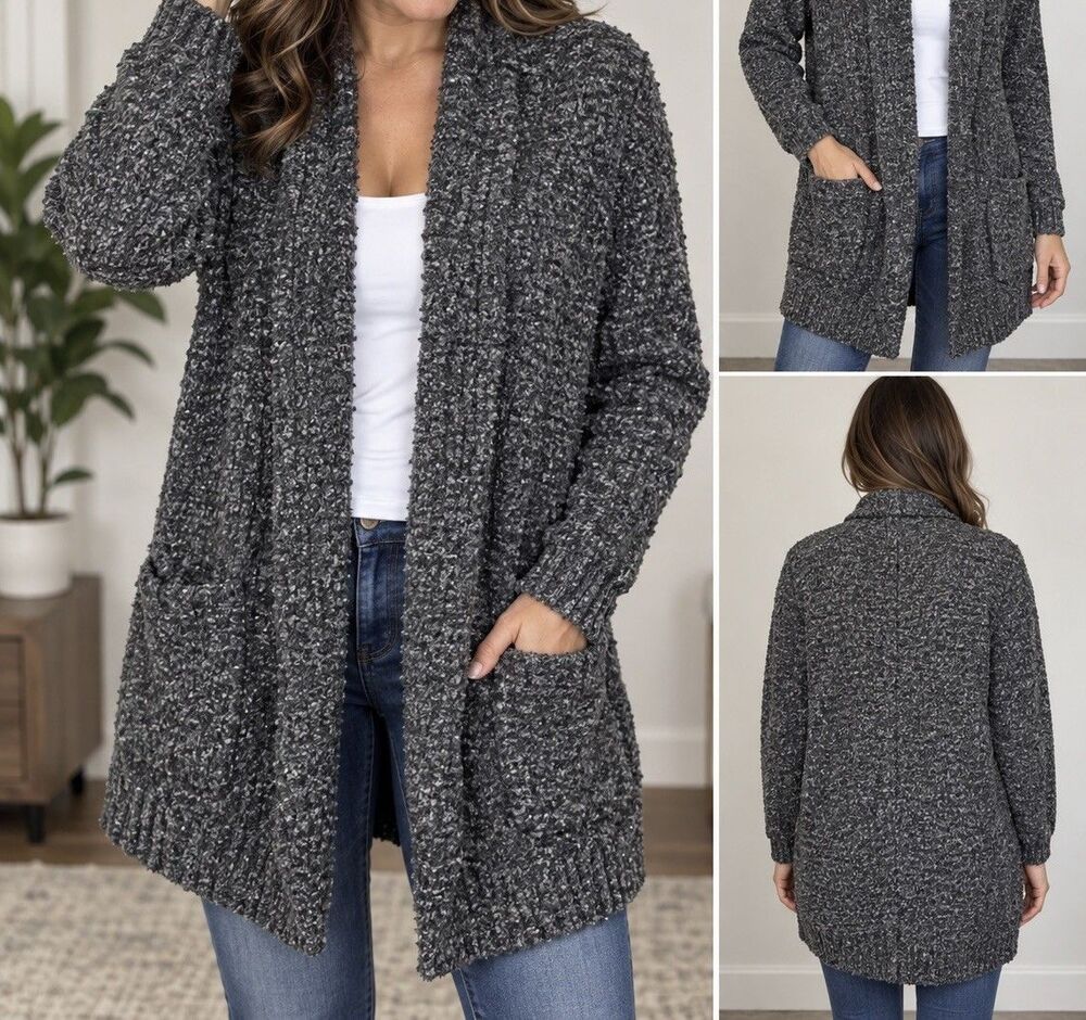 Carolyn Taylor Womens M Gray Knit Cardigan Sweater Open Front Pockets